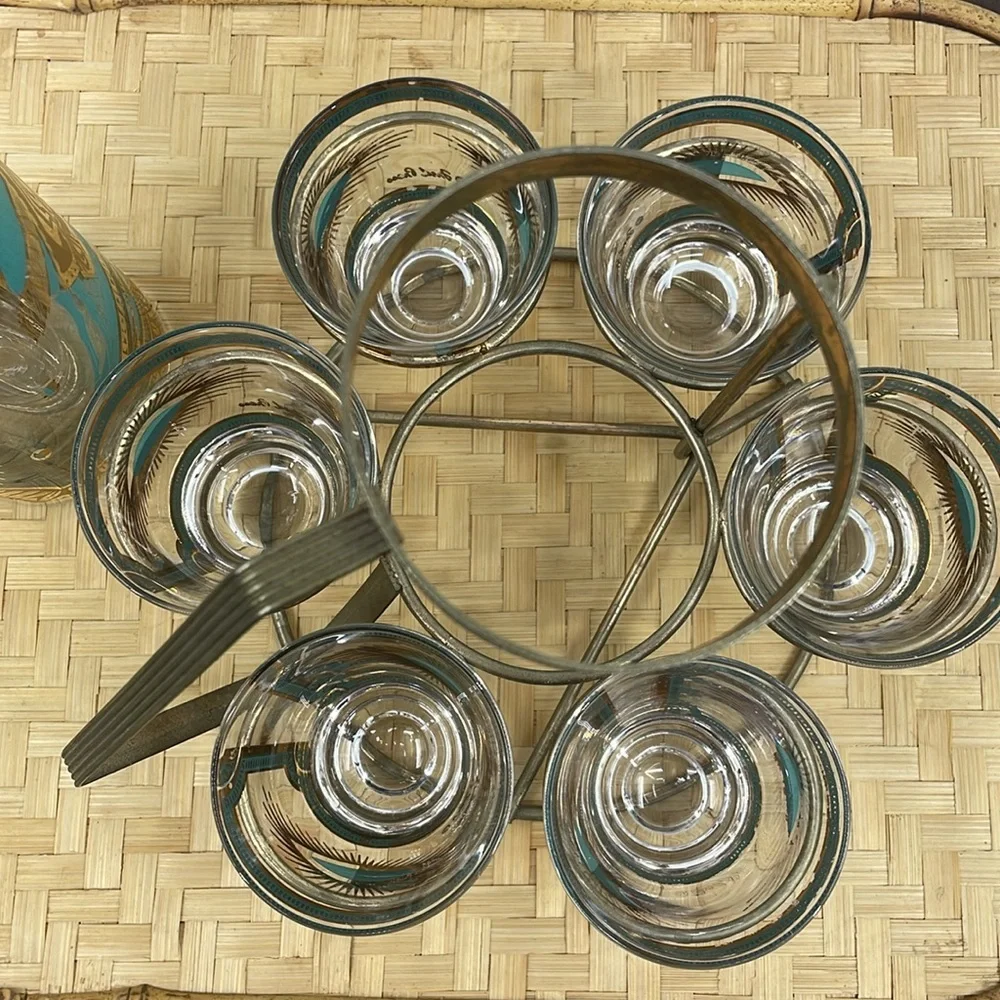 Vintage 60’s Fred Press Trojan Horse 22k Gold Turquoise 8 Pc MCM Barware Set